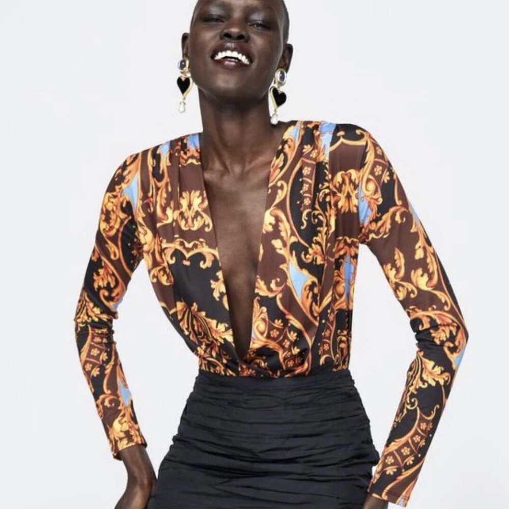 Zara Deep V Elegant Baroque Print Bodysuit